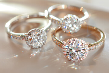 
Beautiful diamond rings on a white background. Wedding concept. A close-up of gold and silver wedding rings with diamonds. Minimalist style.