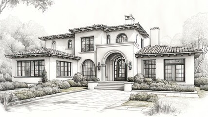 Architectural sketch of a modern Mediterranean-style house.