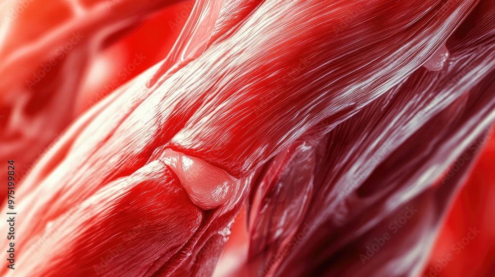 Poster close-up view of red muscle tissue, showcasing intricate fibers and textures that highlight biologic