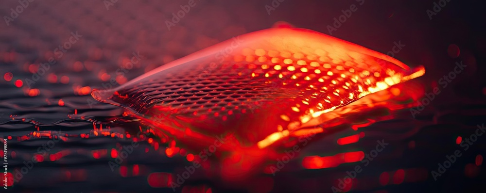 Poster a vibrant red light glows over a textured surface, creating a captivating interplay of color and ref