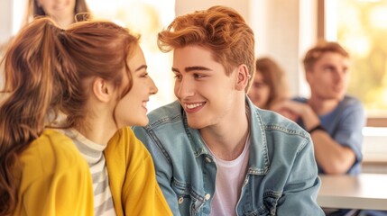 Fototapeta premium A couple in a modern office setting, discreetly exchanging smiles during a break, with blurred coworkers in the background. The scene captures the subtle connection and chemistry between them, emphasi