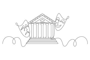 Theater with columns and masks drawn in one continuous line, tragedy and humor, joy and sadness, symbol of theatrical art. Editable vector outline