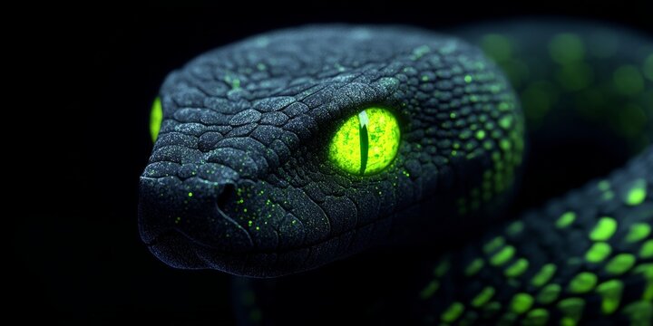 A modern and sleek digital illustration of a snake with glowing eyes coiled in a spiral symbolizing insight and wisdom with metallic green and silver accents