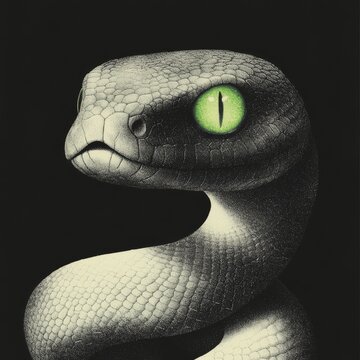 A modern and sleek digital illustration of a snake with glowing eyes coiled in a spiral symbolizing insight and wisdom with metallic green and silver accents