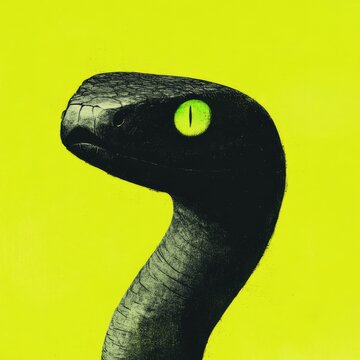 A modern and sleek digital illustration of a snake with glowing eyes coiled in a spiral symbolizing insight and wisdom with metallic green and silver accents