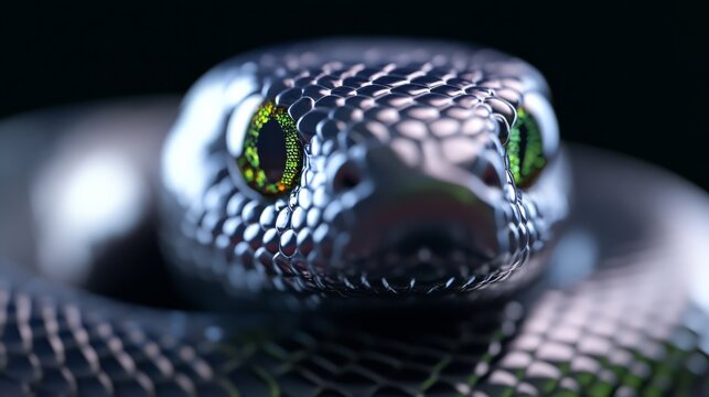 A modern and sleek digital illustration of a snake with glowing eyes coiled in a spiral symbolizing insight and wisdom with metallic green and silver accents