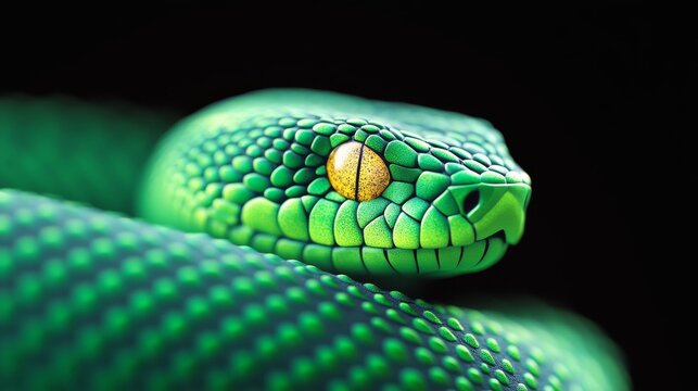 A modern and sleek digital illustration of a snake with intricate patterned scales coiled in a circle symbolizing transformation with a gradient of green and gold metallic accents