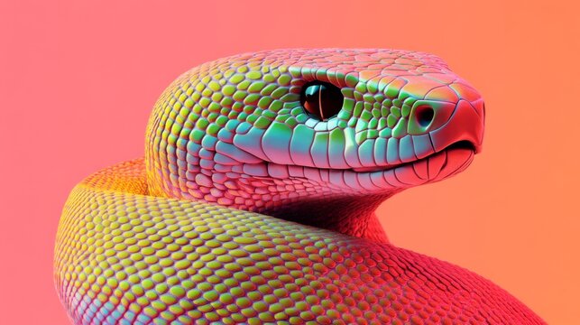A modern and sleek digital illustration of a snake with intricate patterned scales coiled in a circle symbolizing transformation with a gradient of green and gold metallic accents