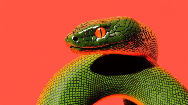A modern and sleek digital illustration of a snake with intricate patterned scales coiled in a circle symbolizing transformation with a gradient of green and gold metallic accents