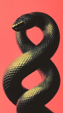 A modern and sleek digital illustration of a snake with intricate patterned scales coiled in a circle symbolizing transformation with a gradient of green and gold metallic accents