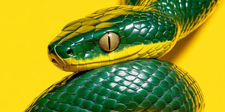 A modern and sleek digital illustration of a snake with intricate patterned scales coiled in a circle symbolizing transformation with a gradient of green and gold metallic accents