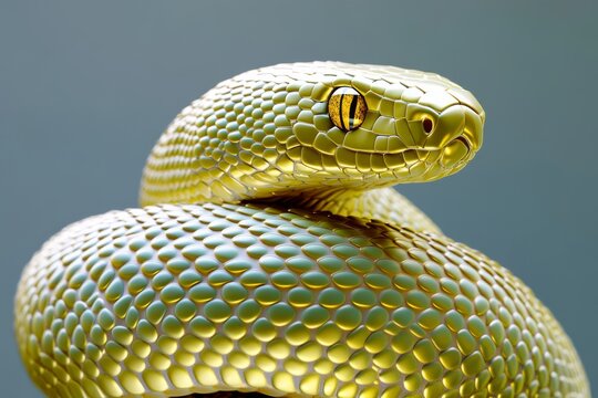 A modern and sleek digital illustration of a snake with intricate patterned scales coiled in a circle symbolizing transformation with a gradient of green and gold metallic accents