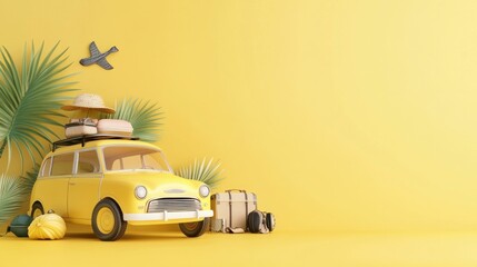 Summer travel concept with a vintage yellow car, tropical palm leaves, sun hats, and luggage against a bright yellow background, evoking a cheerful and adventurous vibe