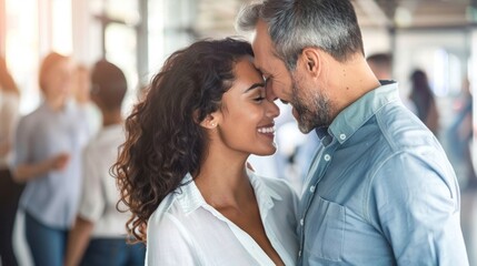 A couple in a modern office setting, discreetly exchanging smiles during a break, with blurred coworkers in the background. The scene captures the subtle connection and chemistry between them, emphasi