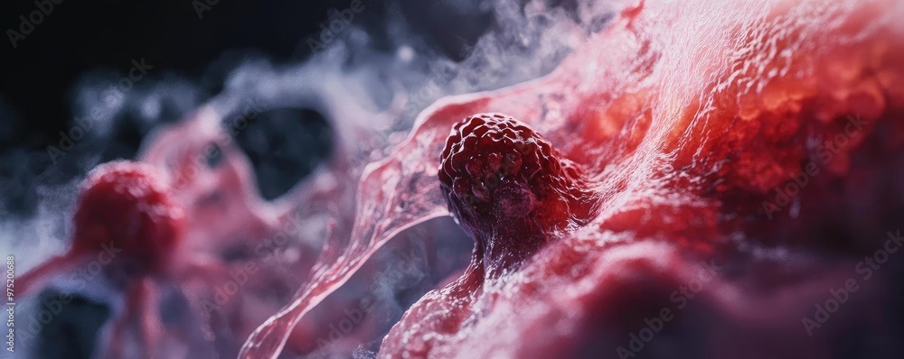 Poster abstract close-up of vibrant cancer cells in a dynamic environment, illustrating the complexities of
