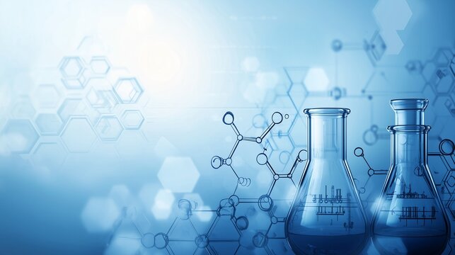 A chemistry-themed background featuring molecular structures, chemical equations, and lab equipment silhouettes. Scientific theme. For presentations on chemistry or pharmaceuticals.