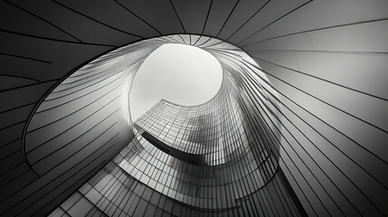 a black and white photo of an architectural spiral, a building with curved lines, modern architecture