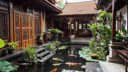 a wooden house with a beautiful fish pond