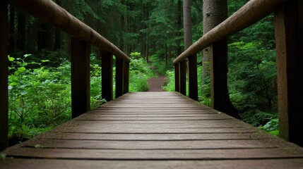 A narrow wooden bridge leads into a lush green forest, surrounded by thick foliage and tall trees, symbolizing a peaceful nature escape.