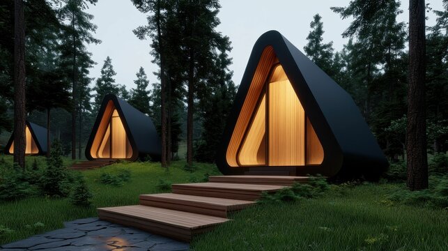 A cluster of modern triangular cabins with warm wooden interiors in a forest setting, blending contemporary design with natural surroundings.