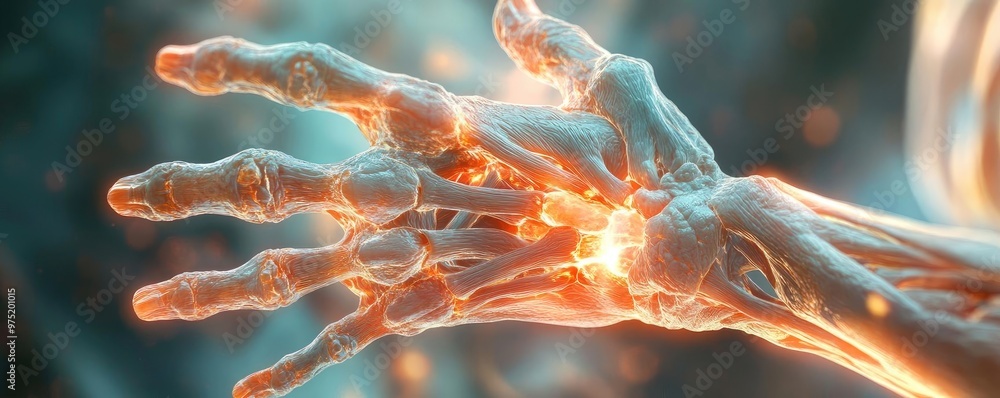 Poster an intricate close-up of a glowing hand, showcasing pulsating energy and detailed skeletal structure