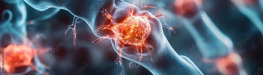 Poster close-up view of glowing cells with vibrant colors, showcasing intricate biological structures and p