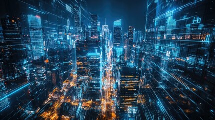 Fototapeta premium High-tech futuristic cityscape with illuminated skyscrapers 