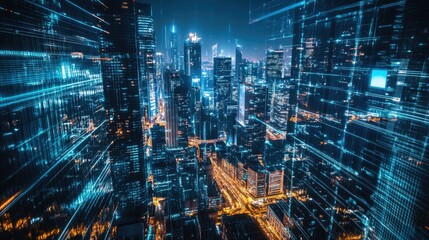 Naklejka premium High-tech futuristic cityscape with illuminated skyscrapers 