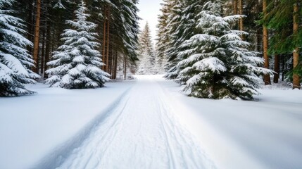 Fototapeta premium A white snow-covered road stretches through a winter forest with tall pine trees, showcasing a tranquil winter landscape..