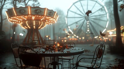 Haunted carnival rides, ghostly figures, 3D illustration