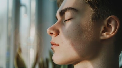 A person sitting alone in a quiet room, eyes closed, with a peaceful expression, symbolizing deep thought and mind wandering.Zen,mental health,stress relief,International Day of Peace,Meditation Day.