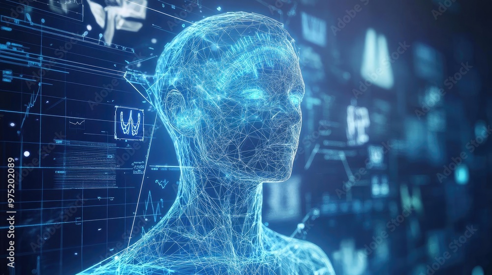 Aufkleber a futuristic humanoid figure composed of glowing circuits and data visualizations, symbolizing techn