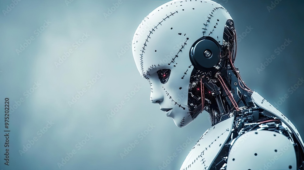 Poster a close-up view of a futuristic robotic head, showcasing intricate details and mechanical features w