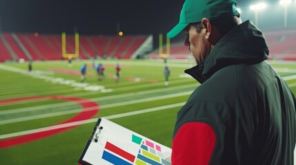 Football coach on sidelines,holding clipboard with playdiagram,focused onstrategic planning and gamepreparation, blurred playersin motion behind him.