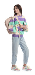 Obraz premium Smiling teenage girl with backpack and books on white background