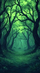 A serene forest path surrounded by lush green trees and mystical foliage, perfect for nature lovers and adventure seekers.