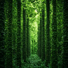 Obraz premium A serene forest pathway lined with lush green trees, creating a tranquil natural escape filled with vibrant foliage and sunlight.