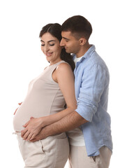 Fototapeta premium Beautiful pregnant woman with her husband isolated on white