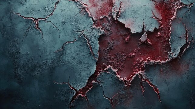 A textured surface featuring cracked paint and deep red tones, conveying a sense of decay and haunting beauty in a unique artwork.