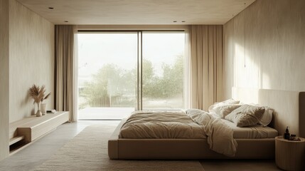 Fototapeta premium Minimalist bedroom with a large window letting in natural light 