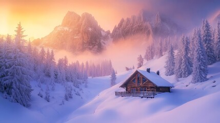 Charming winter scene featuring a wooden cabin amidst snowy mountains at sunset for holiday vibes
