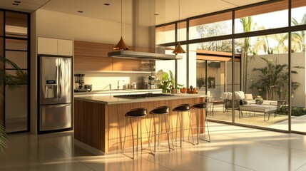 Modern and sleek kitchen island with bar stools  pendant lights  and high-end appliances