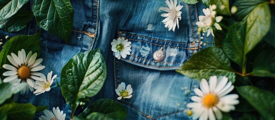 Jeans Pocket On A Jacket With A Sleeve A Background Spring Flowers Green Leaves On It Top View Place For Your Inscription