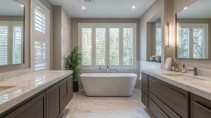 Modern bathroom with a freestanding tub  marble countertops 