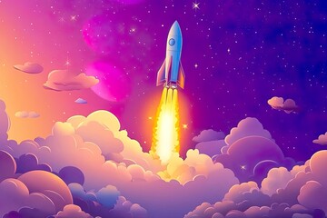 Rocket launching into a vibrant cosmic sky.