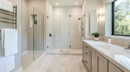 Modern bathroom with a walk-in shower  sleek fixtures  and stylish tiles