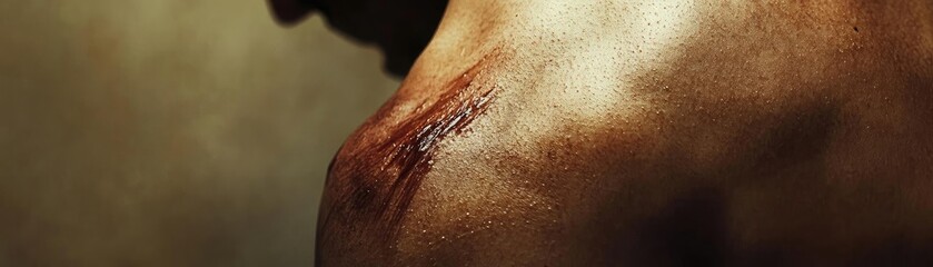 Fototapeta premium A close-up view of a scar on a shoulder, highlighting texture and details of healing skin against a muted background.