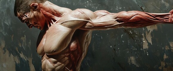 A muscular figure poses dramatically, showcasing strength and dynamic movement against a textured backdrop.