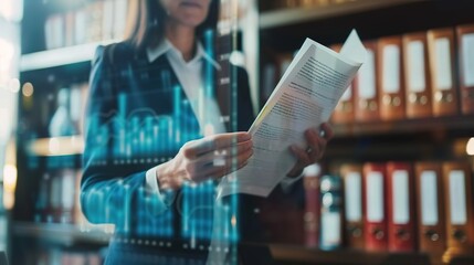 Banker in close-up reviewing financial documents, serious expression, legal books and digital screen in background, emphasizing compliance and financial regulation.Corporate,financial services,AI.