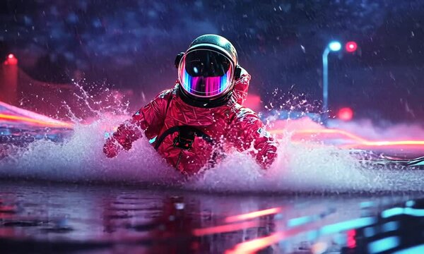 
un astronaute dans une mer sur une plan&egrave;te situ&eacute;e au c&oelig;ur d'une galaxie. L'atmosph&egrave;re est myst&eacute;rieuse et cosmique, avec des paysages &eacute;tranges autour